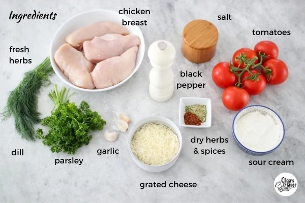 Ingredients for Baked Cheesy Tomato and Herb Stuffed Chicken Rolls 