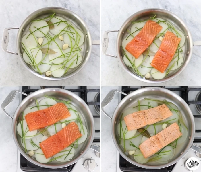 How to poach salmon fillets in white wine, onions, garlic and parsley