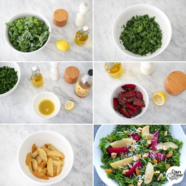 Step by step photo tutorial of how to make a kale salad with roasted beets, apples, walnuts and raisins