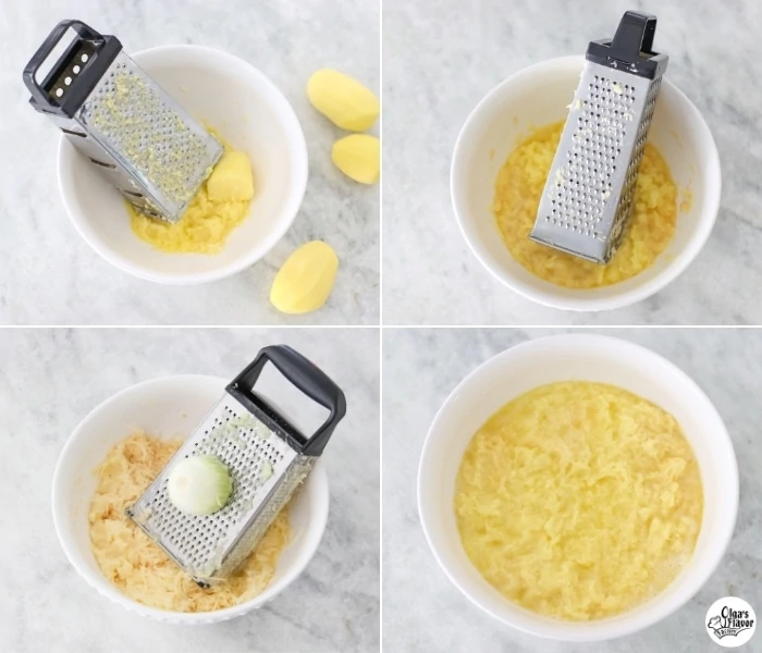 Grating potatoes and onions on a box grater for the Potato Babka batter. 