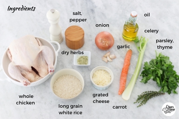 Ingredients for a Butterflied Roast Chicken With Rice Stuffing

