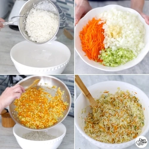 Tutorial of making rice stuffing with sautéed vegetables. 