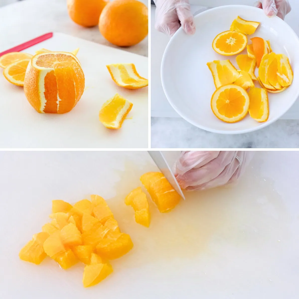 Preparing oranges for a fruit salad, cutting off the peels, saving the ends and scarps, then chopping the peeled oranges into bite sized pieces. 