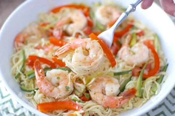 Shrimp and Vegetable Pasta on a plate