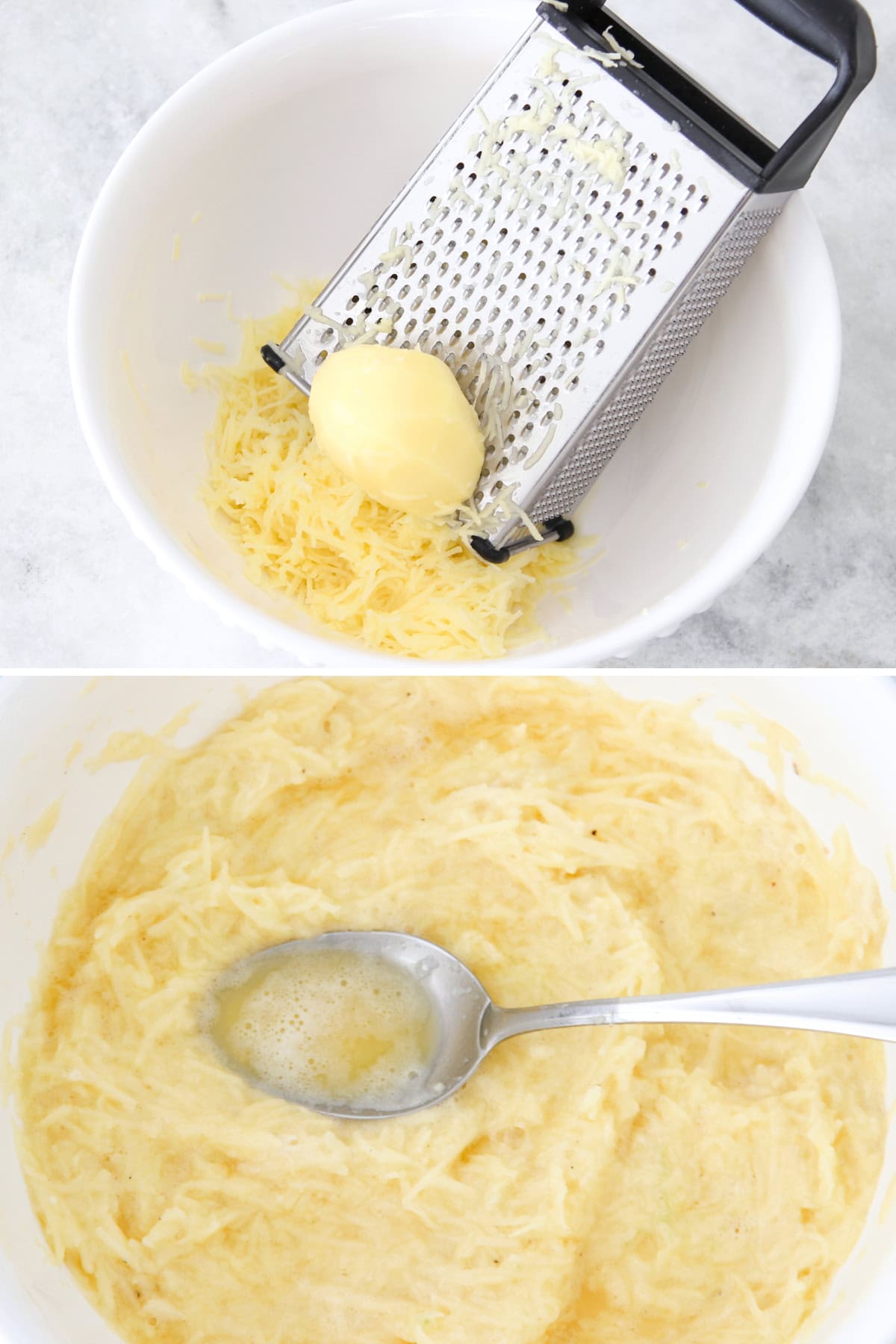 Raw potatoes grated on medium holes of box grater for potato waffles.