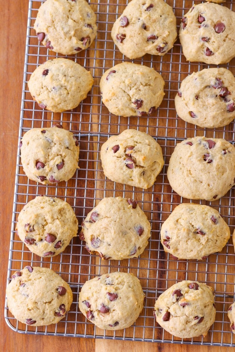 Soft Banana Chocolate Chip Cookies on a cooling rack.