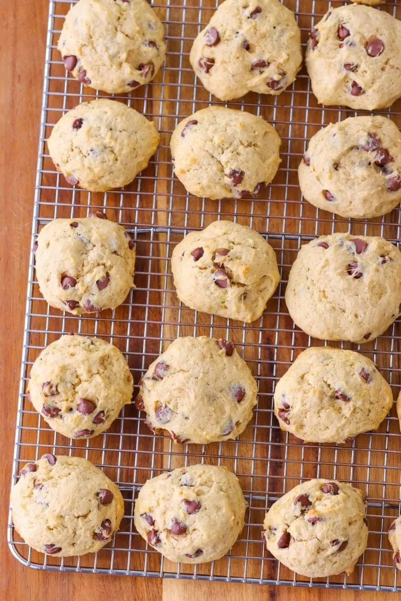 Soft Banana Chocolate Chip Cookies on a cooling rack. 