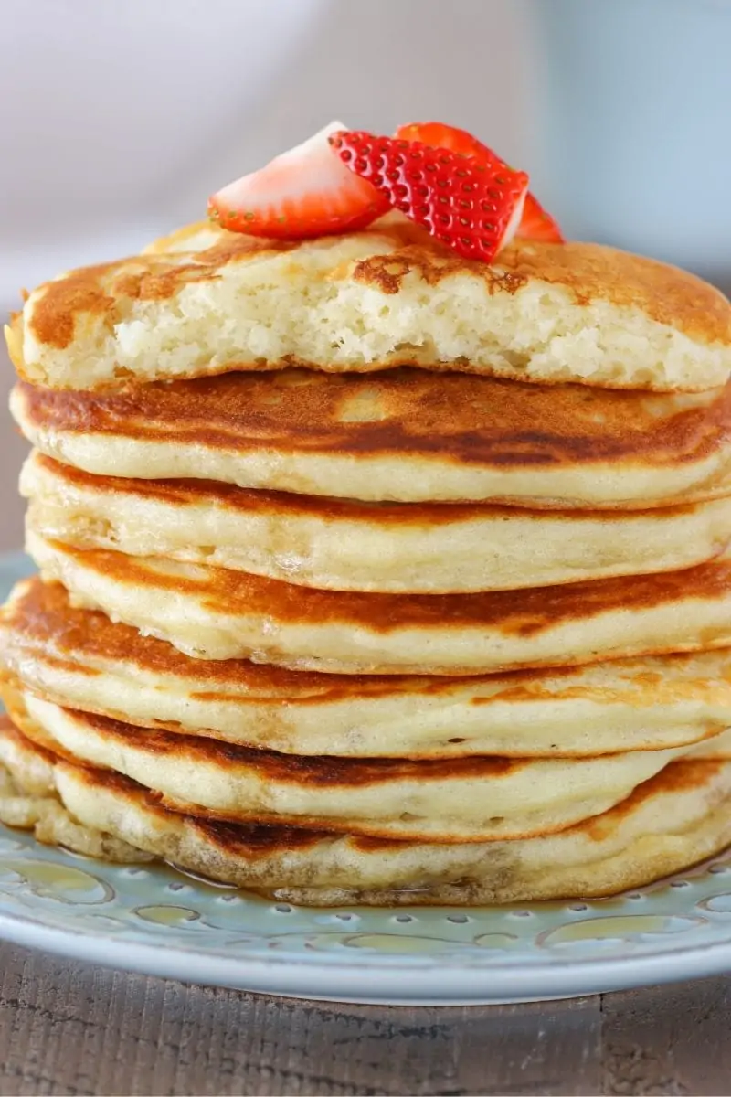 Close up shot of fluffy buttermilk pancakes.