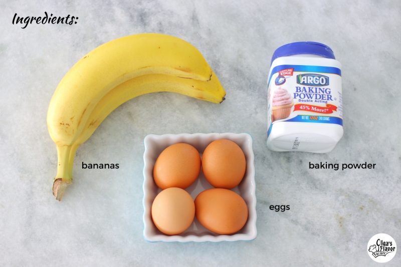 Ingredients for banana egg pancakes: bananas, eggs, baking powder