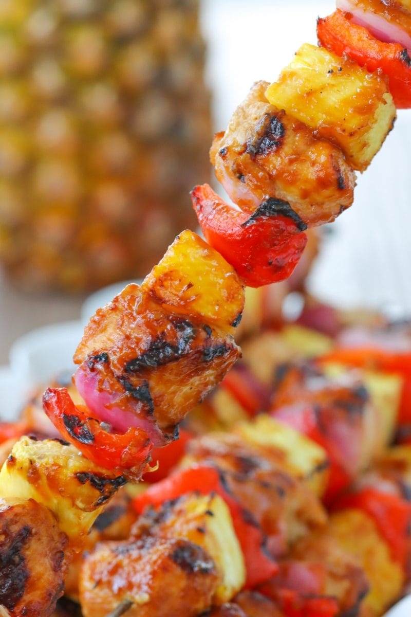 Teriyaki Chicken Kabobs grilled with pineapple, peppers and red onion. 