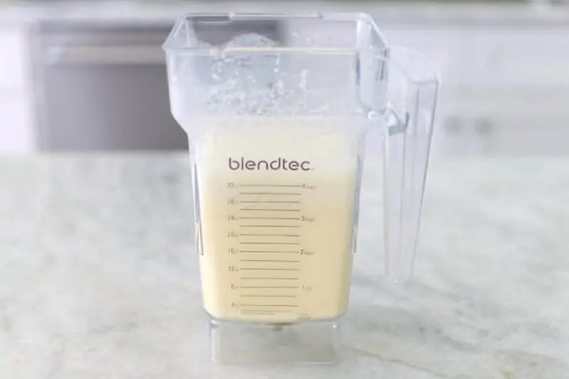 Crepe batter in a blender for the cheese blintzes