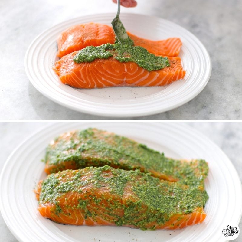 How to make baked salmon with pesto sauce.