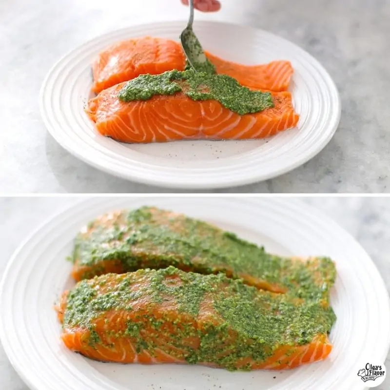 How to make baked salmon with pesto sauce. 