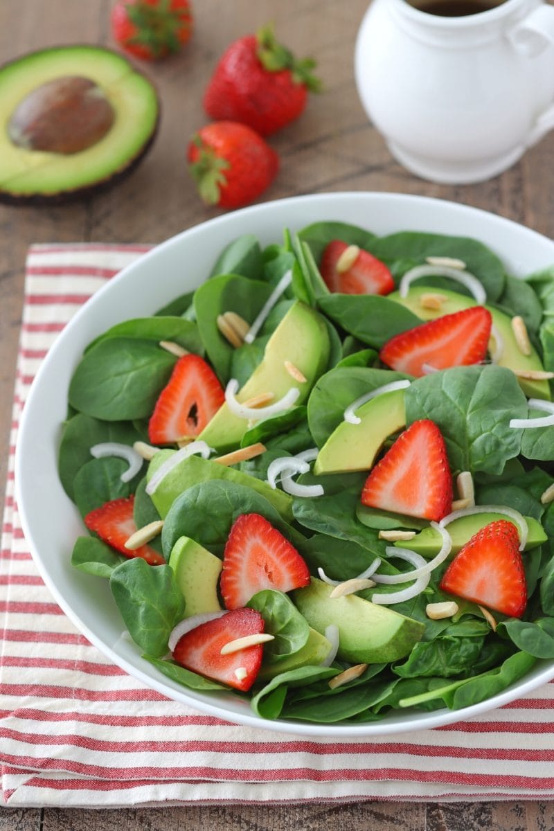 Strawberry Spinach Salad With avocados, shallot and balsamic dressing. 