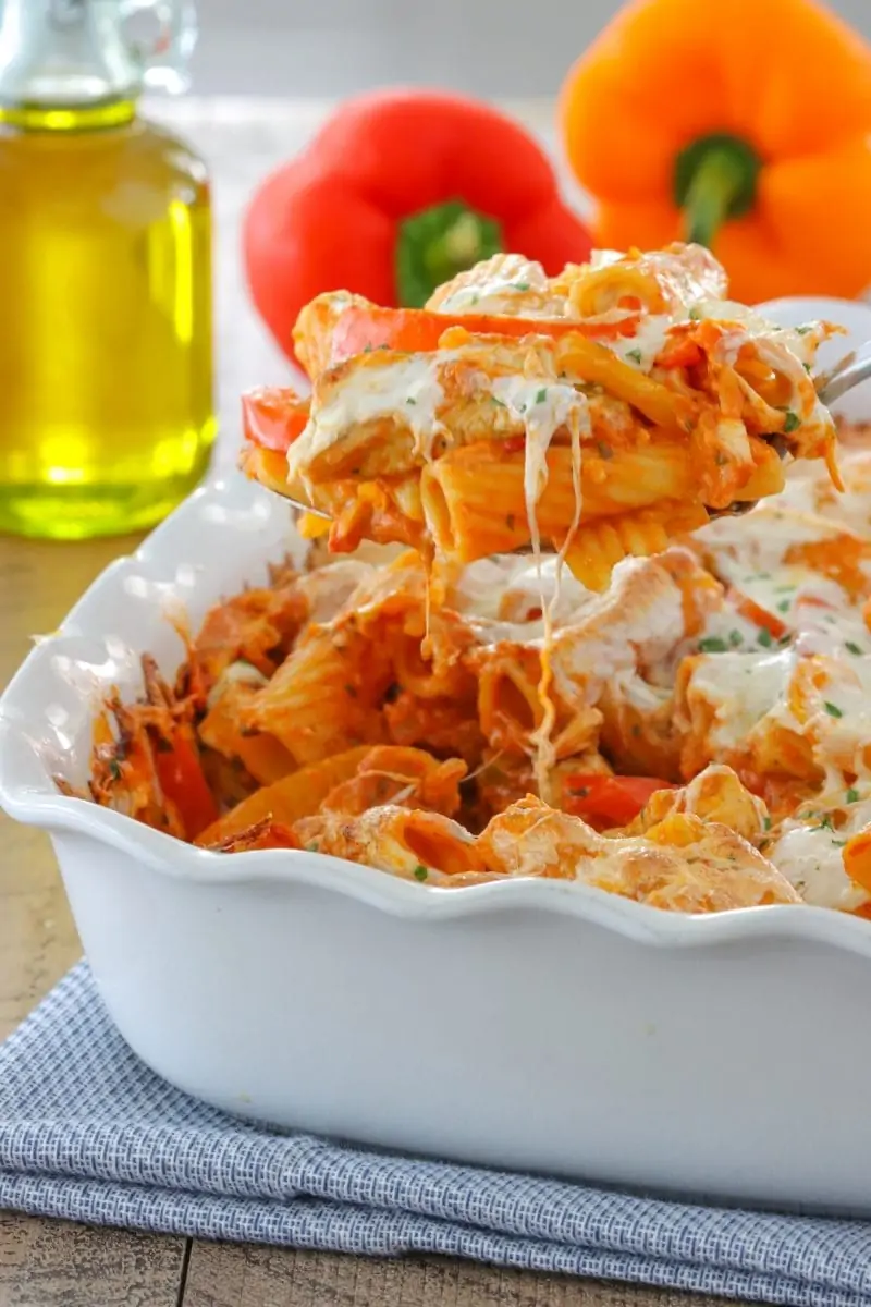 Chicken Riggies baked in the oven, topped with cheese. 