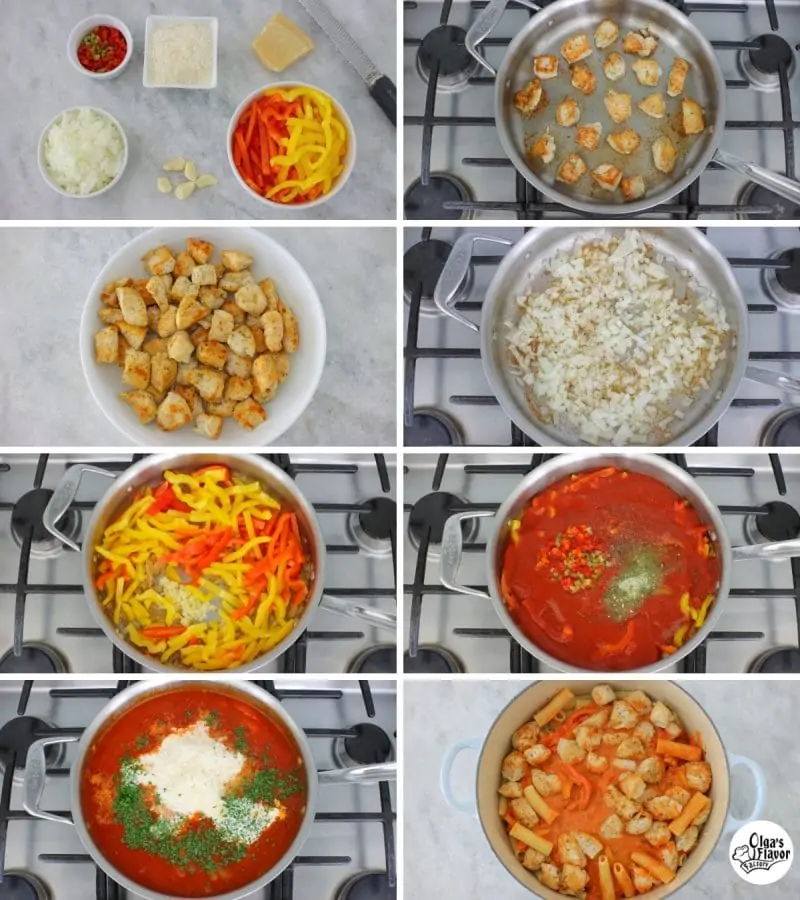 How to make chicken riggies, a pasta dish with chicken, bell peppers and a creamy pink sauce. 
