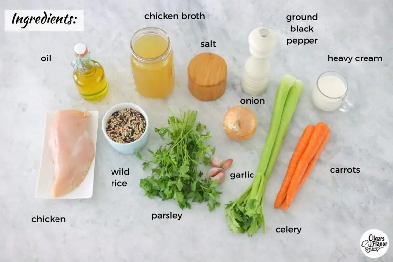 Ingredients for chicken and wild rice soup