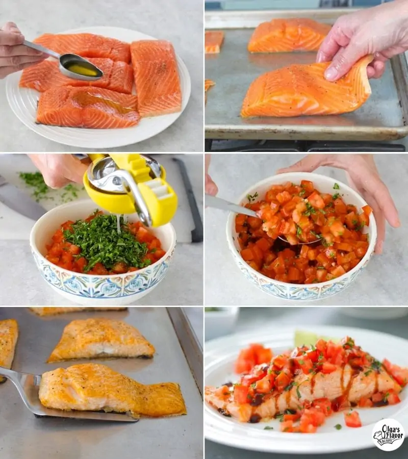 Oven roasted salmon recipe tutorial served with a fresh tomato basil topping