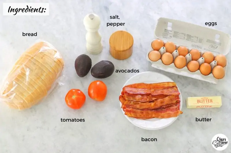 Ingredients for egg in the hole breakfast sandwich served with bacon, tomatoes, avocados.