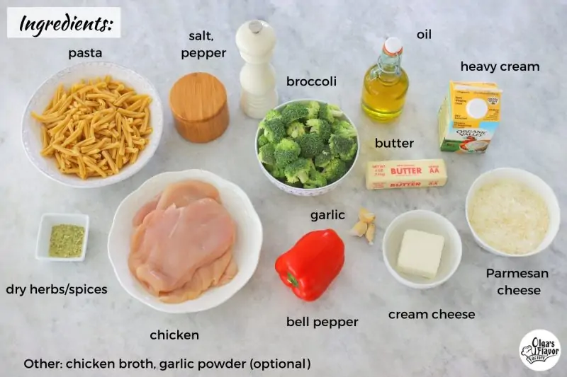 Ingredients for Chicken Alfredo Pasta with broccoli and bell pepper