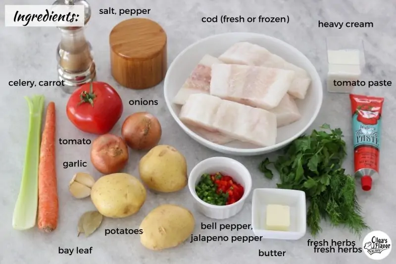 Ingredients For Cod Soup with potatoes and vegetables. 
