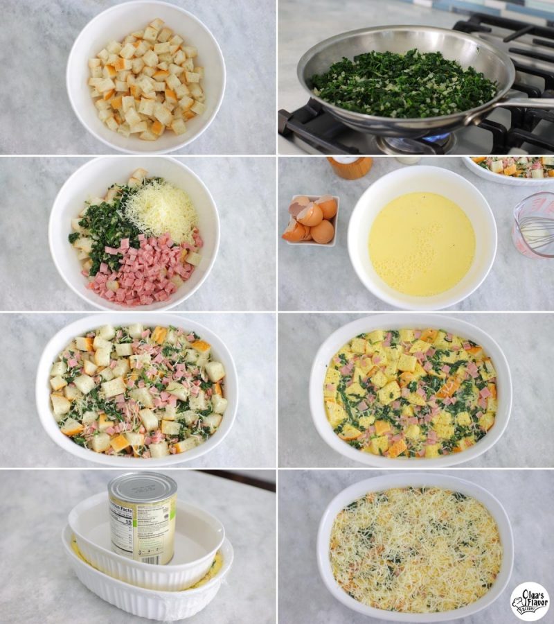 Picture tutorial of how to make overnight breakfast casserole with bread
