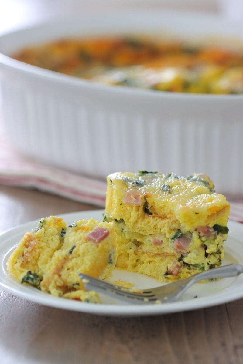 Overnight Breakfast Casserole With Bread, eggs, cheese, spinach and ham. 