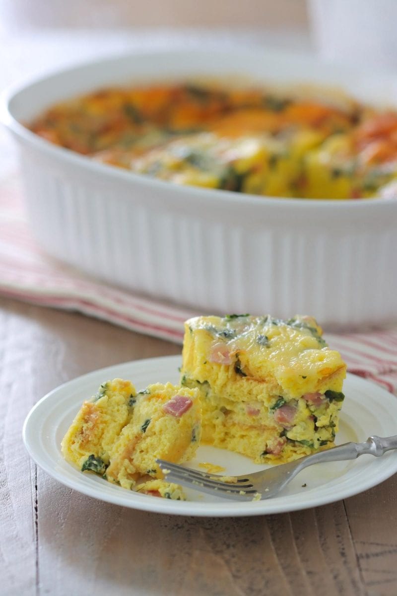Easy Overnight Breakfast Casserole With Bread, ham, cheese, spinach and eggs.