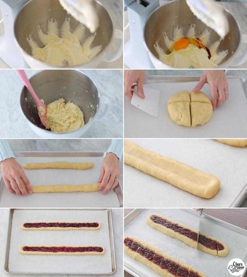Step by step tutorial for shortbread cookies with jam in the center, sliced into pieces. 