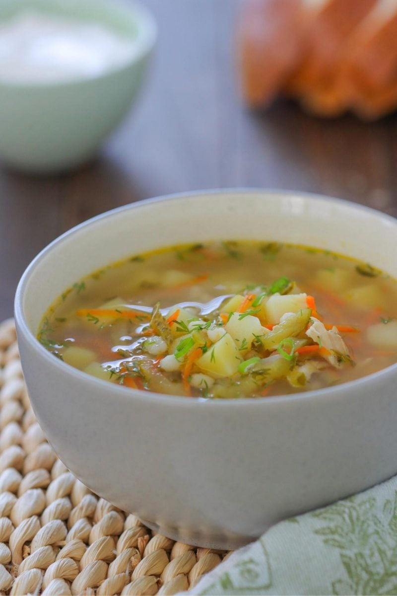 Russian Dill Pickle Soup
Rasolnik, made with potatoes, pickles, carrots, onion and barley.