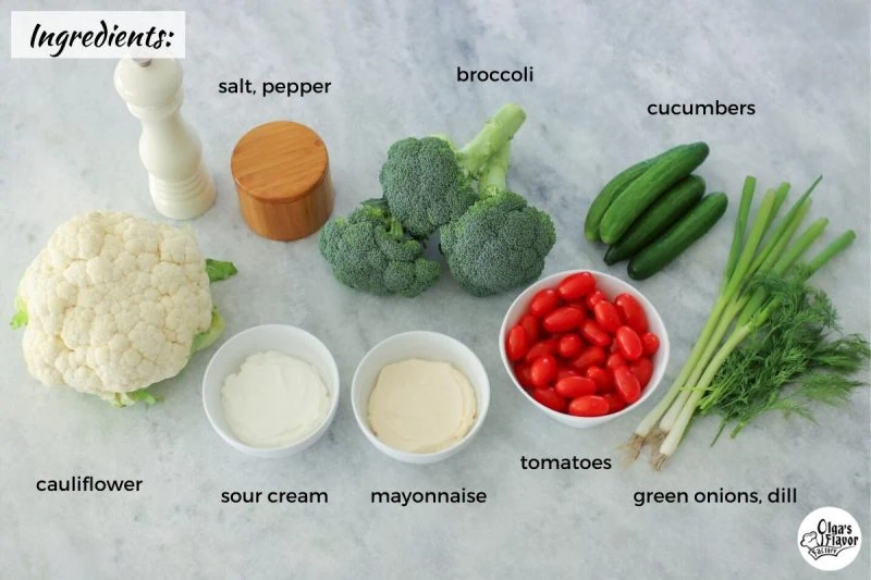 Ingredients For Broccoli Cauliflower Salad With Tomatoes and Cucumbers
