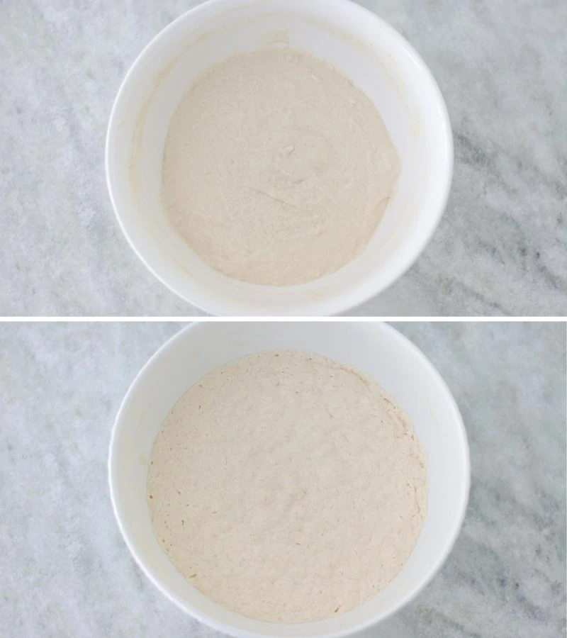 Overnight sponge for sourdough waffles, before and after standing at room temperature overnight. 