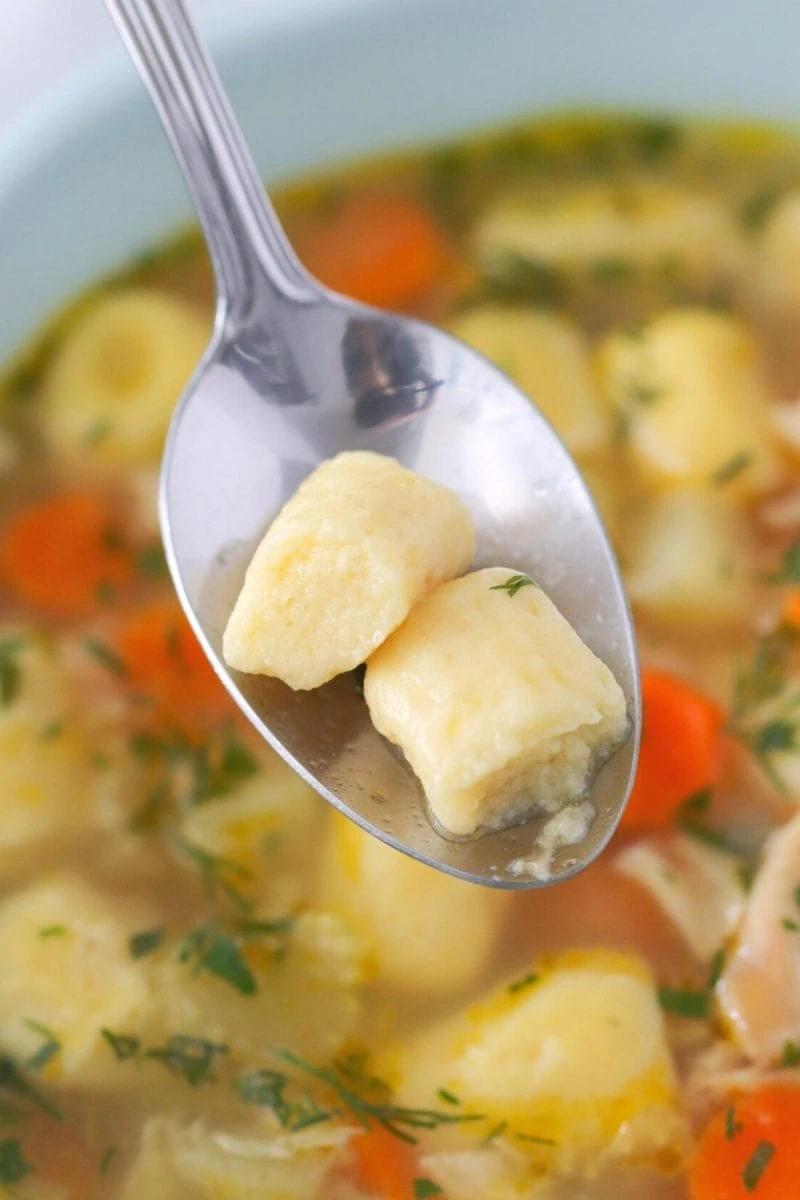 The most tender and flavorful dumplings made with pate a choux dough in chicken soup. 