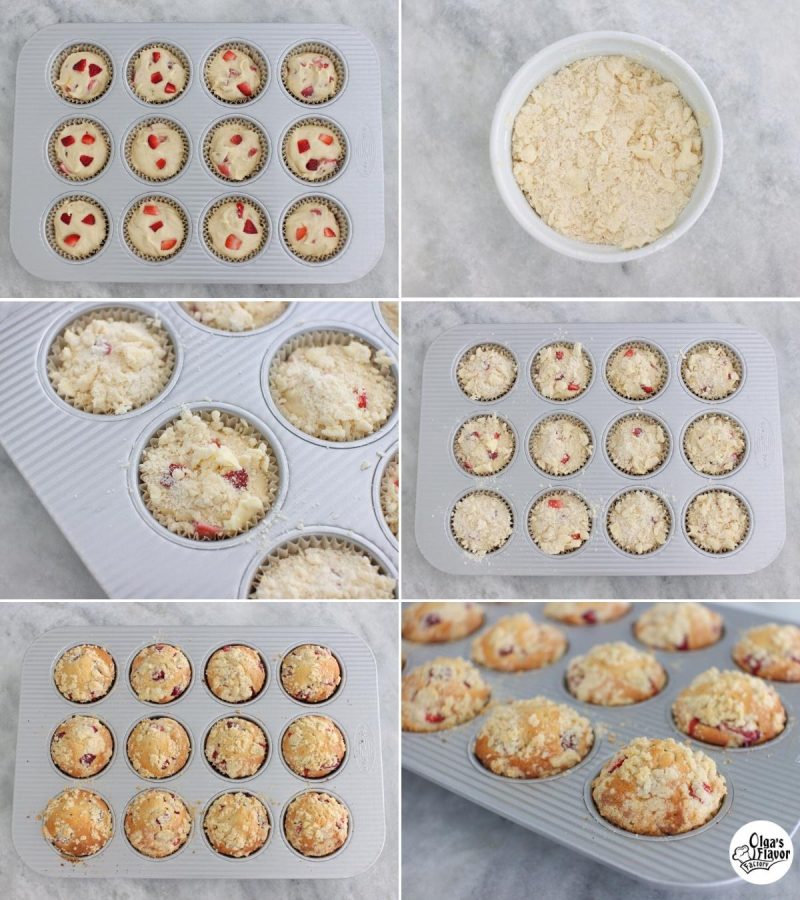 Baking Strawberry Muffins with a crumb topping. 