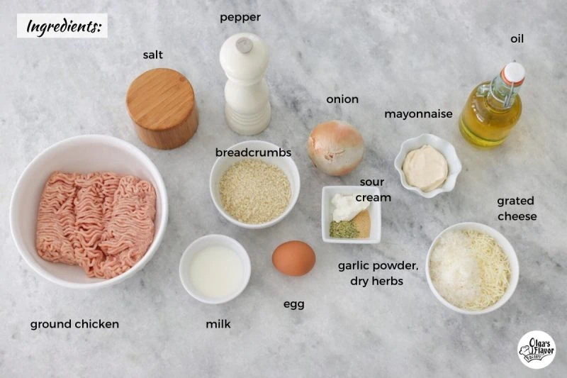 Ingredients for baked cheesy chicken meatballs.