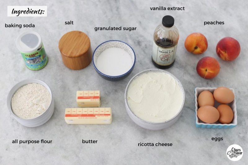 Ingredients for Ricotta Cheesecake Bars with peaches. 