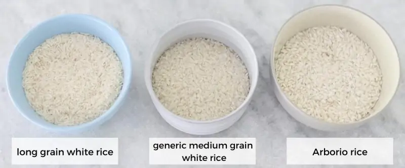 Long grain white rice, Medium grain white rice and Arborio rice. 