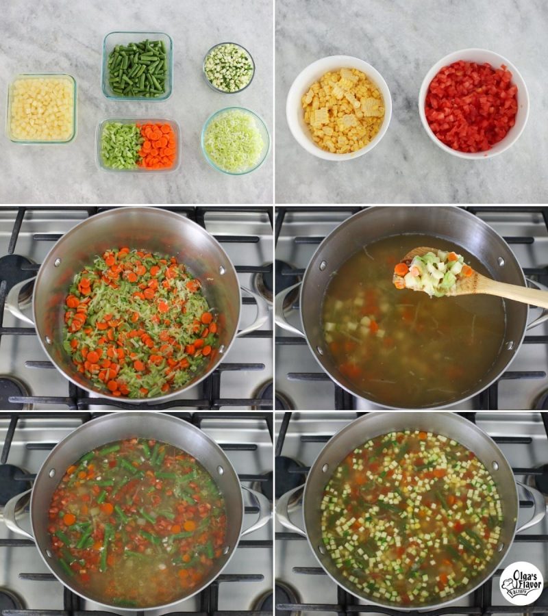 How to make homemade vegetable soup made with leeks, celery, carrots, potatoes, green beans, zucchini, corn and tomatoes. 