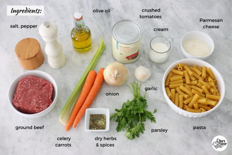 Ingredients for meat sauce pasta