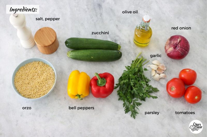 Ingredients For Orzo With Roasted Vegetables (zucchini, peppers, tomatoes, and onion)