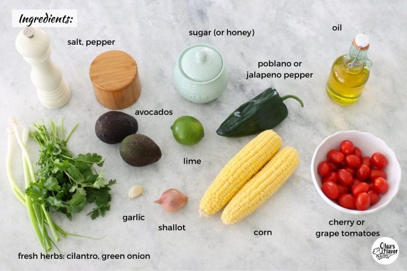 Ingredients for Roasted Corn, Tomato and Avocado Salad