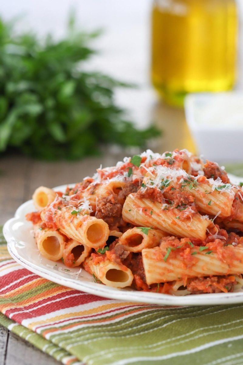 Meat sauce pasta - a quick and easy tomato sauce with ground beef, onion, carrots, celery. and garlic. Shortcut Bolognese Sauce