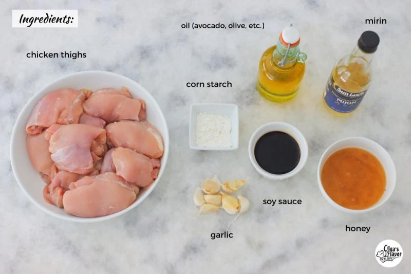 Ingredients for honey garlic chicken thighs - easy marinade recipe for chicken. 