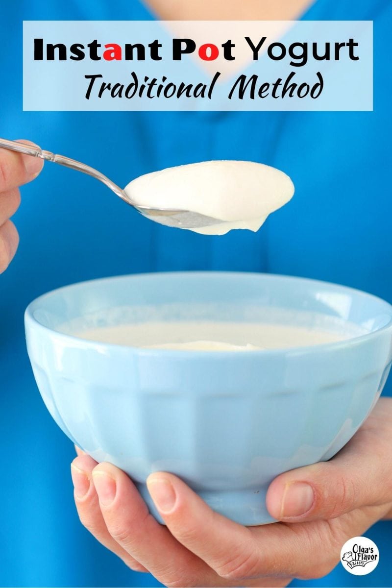 Instant pot yogurt in a bowl. How to make yogurt in the Instant pot using the traditional method, boiling the milk first.