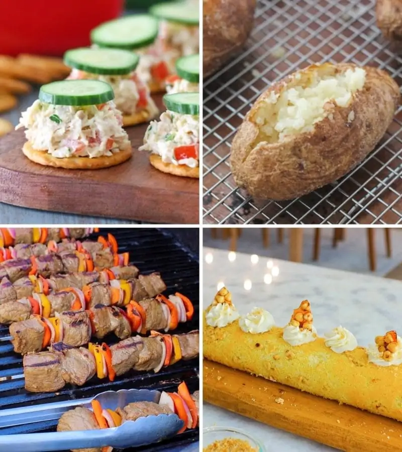 Menu Ideas For a Dinner Party, Recipes for company dinner
Beef and Vegetable Kabobs, Loaded Baked Potatoes and Hazelnut Cake Roll