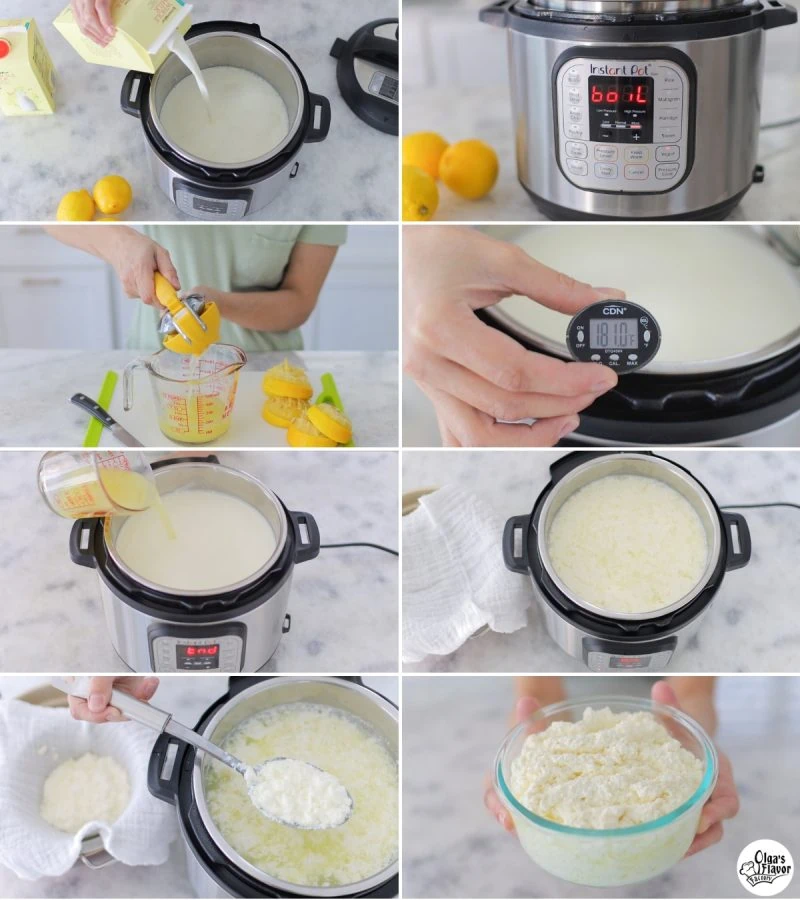 Step by step photo instructions of how to make homemade ricotta cheese in the Instant Pot