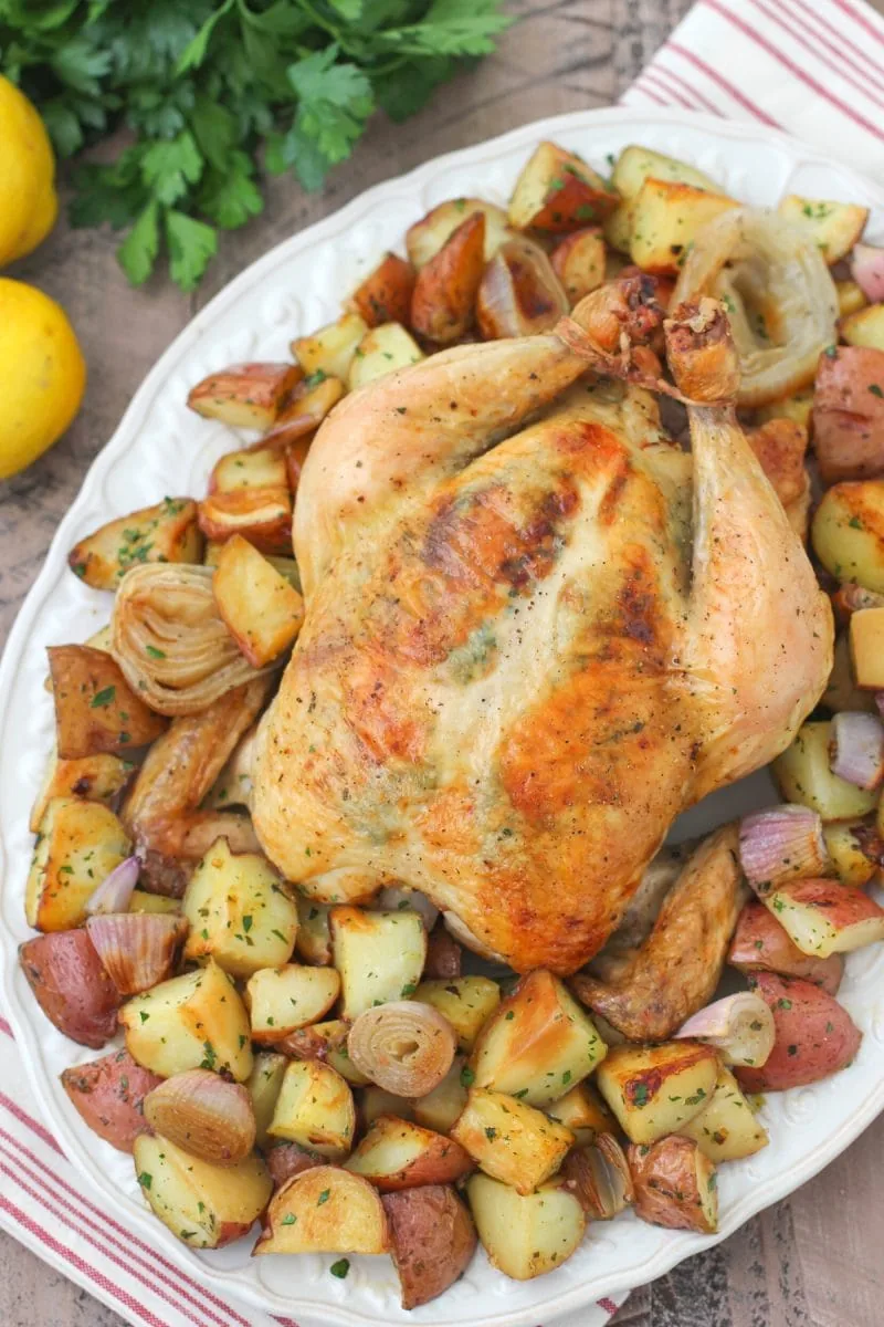 An Oven Roasted Whole Chicken with potatoes and onions