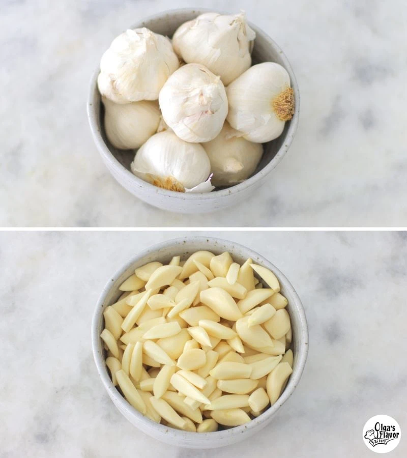 Whole garlic heads and peeled garlic cloves