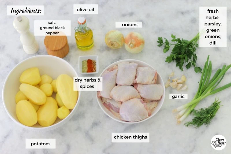 Ingredients for Roasted Chicken Thighs and Potatoes. 