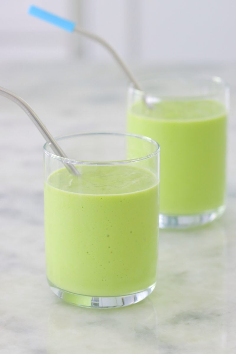 Green Smoothie for kids made with yogurt, avocado, banana, pineapple and mango.